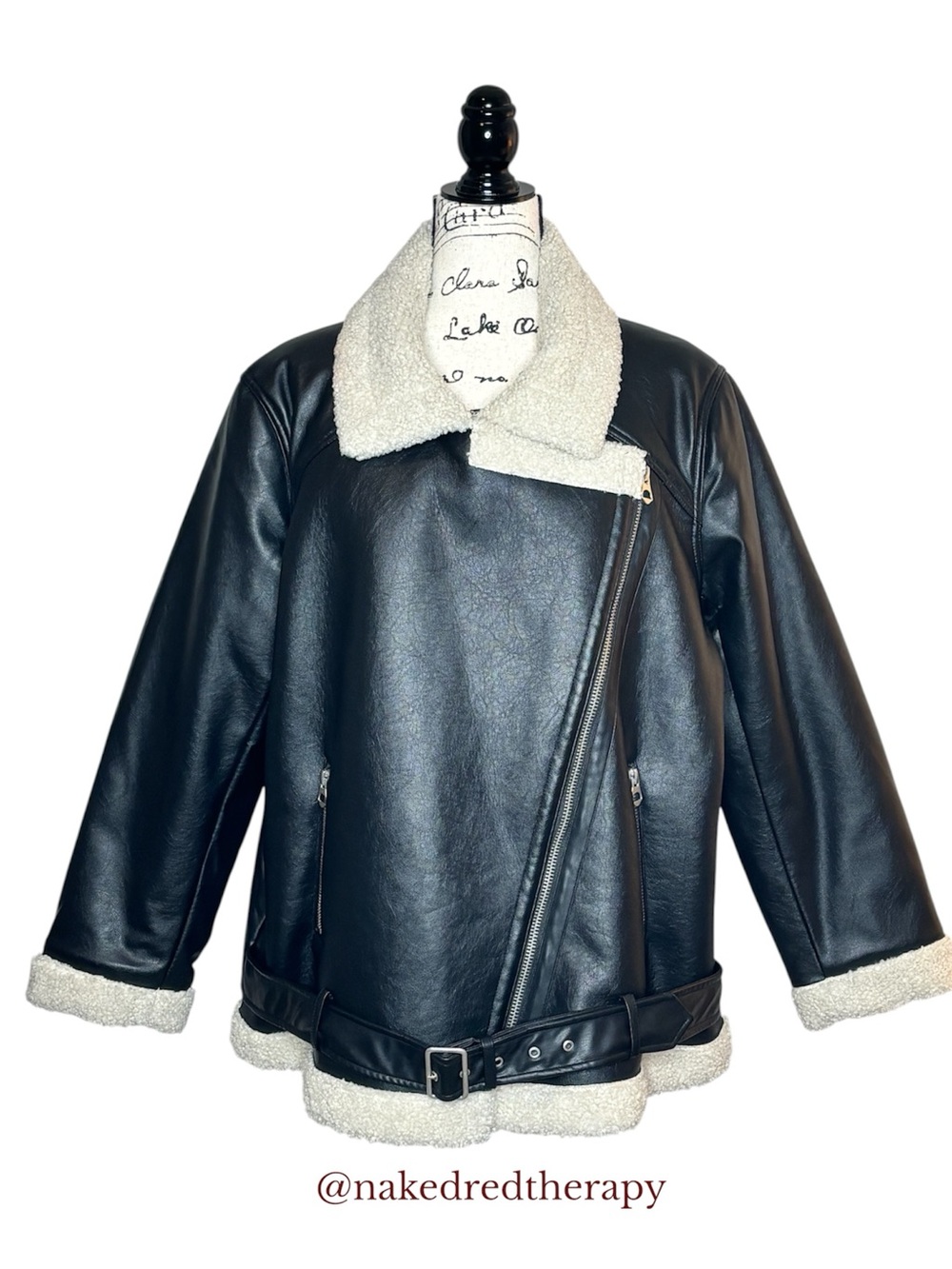 H&M Black Faux Leather Teddy Lined Jacket with Cream Sherpa Trim | Women Size XL